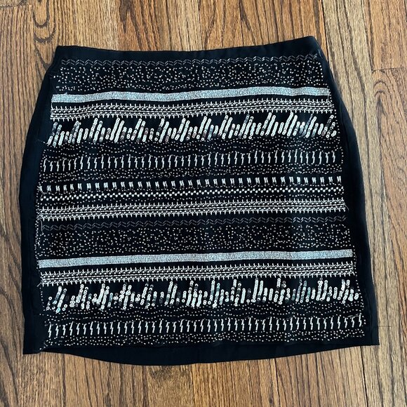 H&M Sequin Bead Embellished Sparkly A Line Short Mini Skirt Stretch Lined Sz 6 - Picture 1 of 8